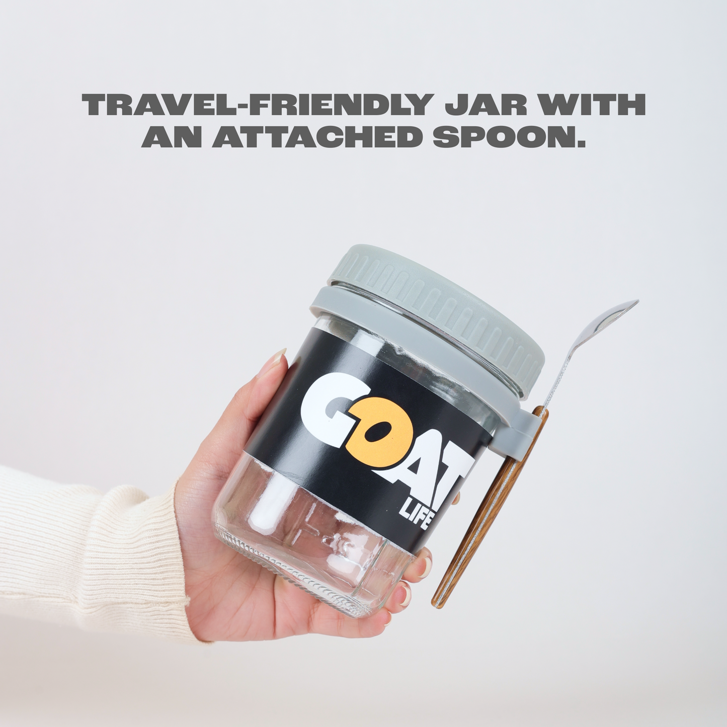 Glass Overnight Oats Jar with spoon and lid.
