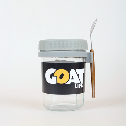 Glass Overnight Oats Jar with spoon and lid.