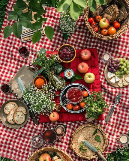 Overhead picnic spread of fruit and dishes