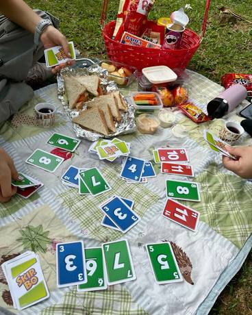 Card games laid out on a picnic blanket
