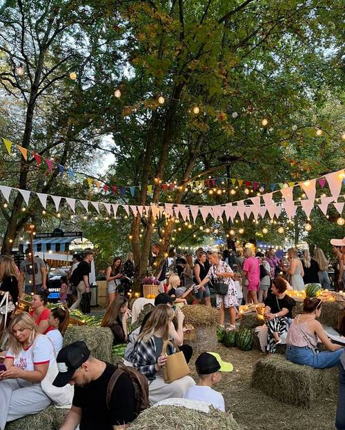 Evening picnic with string lights and bunting